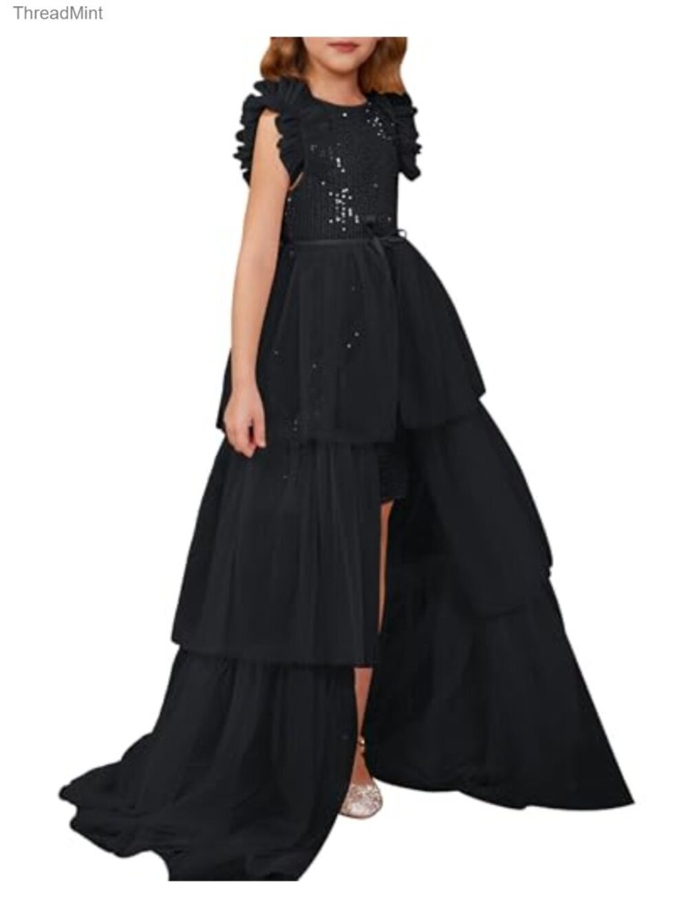 Girls Sequin Formal Pageant Party Ruffle Prom Maxi Dress Set